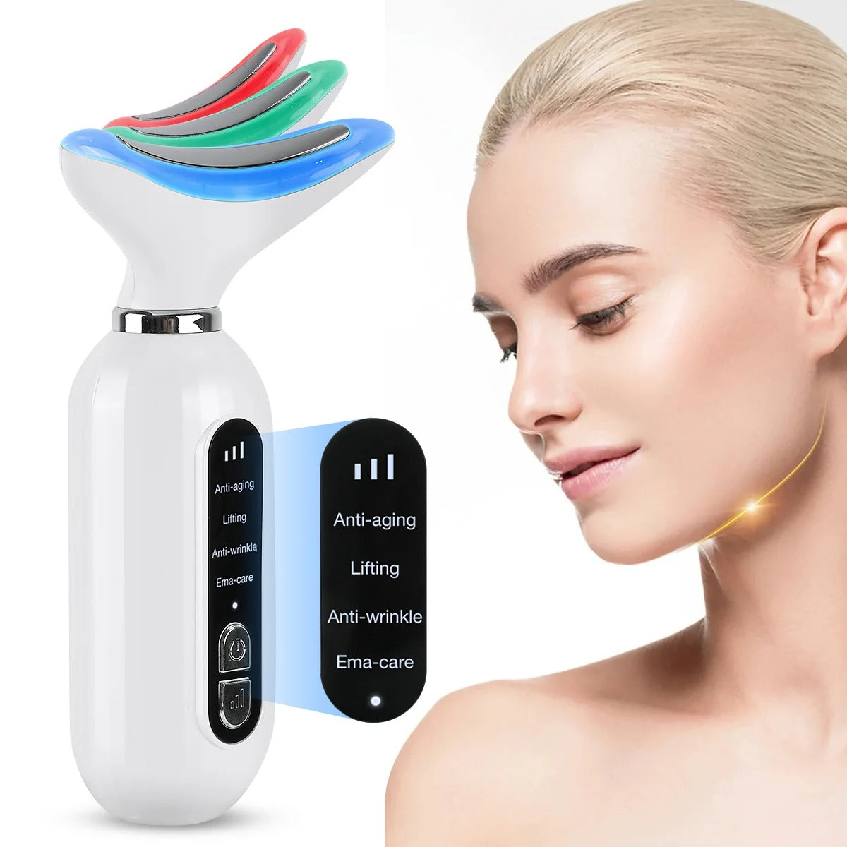 Masajeador facial con 4 modos LED: anti-aging, lifting, anti-wrinkle y ema-care para cuidado facial.