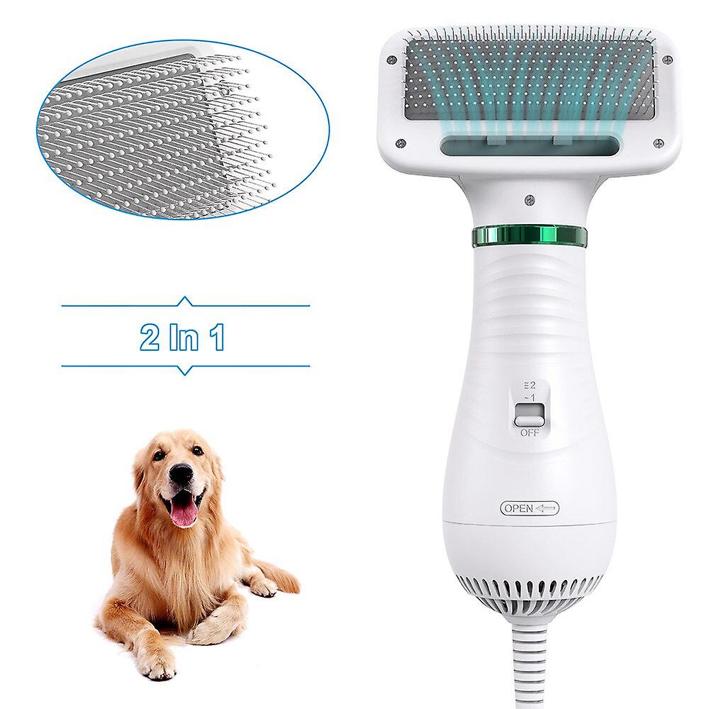 Detalle de cerdas de acero RVS del cepillo secador 2 en 1 para mascotas, 300W