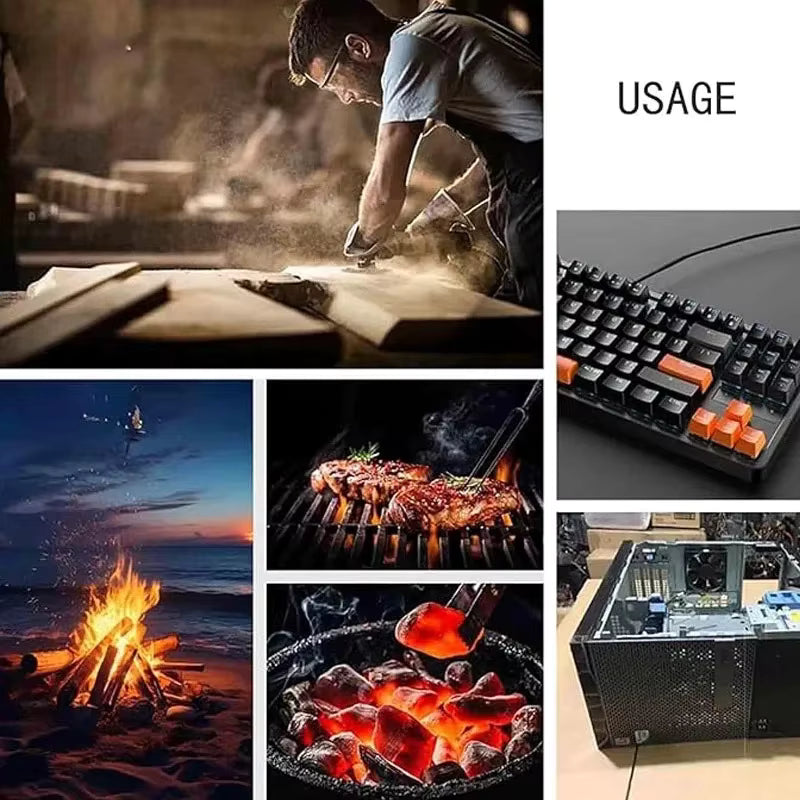 Soplador de aire Turbo Jet en uso: taller, teclado, parrilla y fogata al aire libre.
