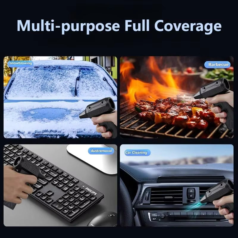 Soplador Turbo Jet multiuso: limpieza de auto, teclado, parrilla y remoción de nieve.