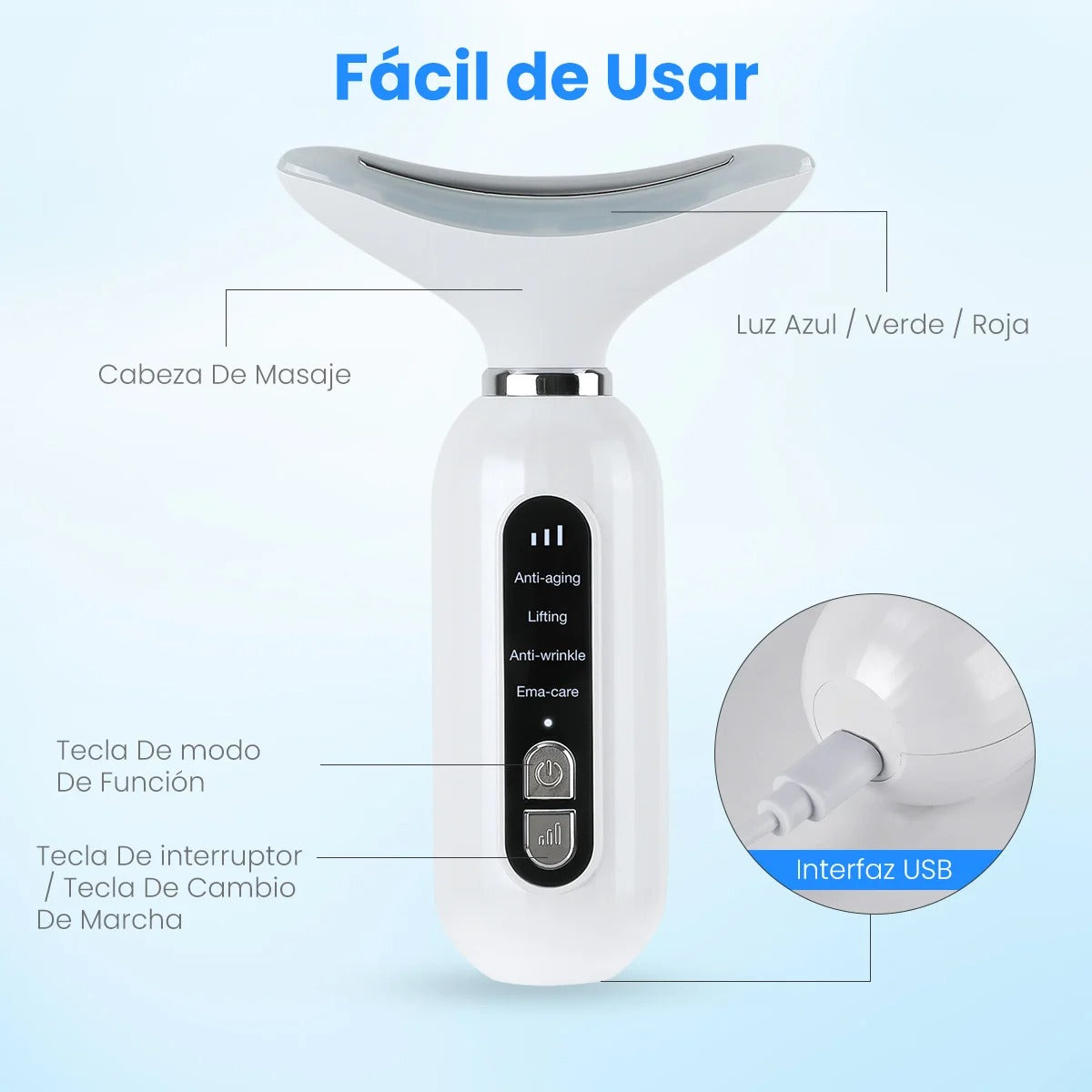 Diagrama del masajeador facial LED: cabeza de masaje, luz azul verde roja, teclas de función e interfaz USB