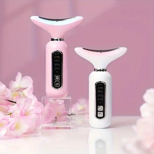 Masajeador facial antiedad LED en colores rosa y blanco con cabezal curvo para cuello y cara.
